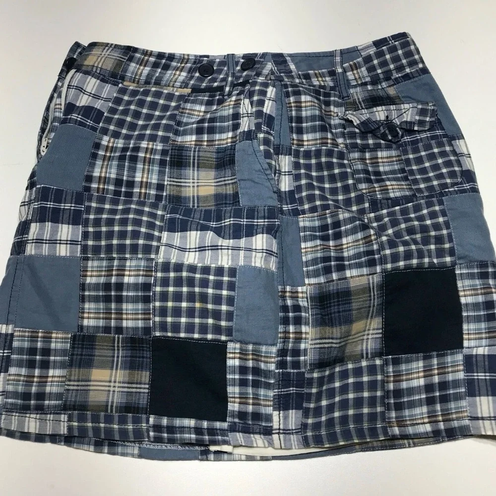 LOFT Patchwork Skirt Women Sz 12 Blue Madras Lined Zipper Button Pockets Preppy - Picture 8 of 10
